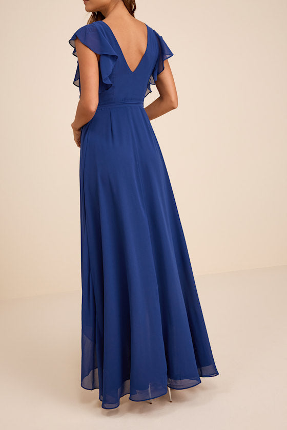 Ravishing Charm Dark Blue Ruffled Wrap High-Low Maxi Dress