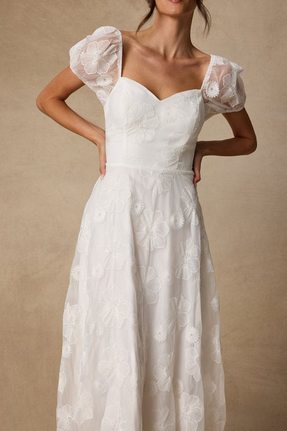 Sweetest Behavior White Embroidered Puff Sleeve Midi Dress
