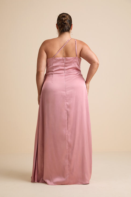 Signature Elegance Rose Satin One-Shoulder Maxi Dress