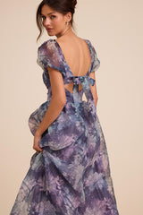 Lovely Statement Purple Floral Organza Tie-Back Midi Dress