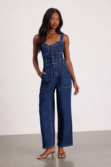 Fresh Perfection Dark Wash Bustier Sleeveless Denim Jumpsuit