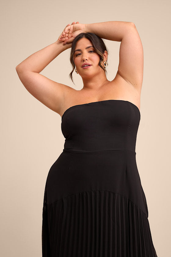 Celebratory Aesthetic Black Pleated Strapless Maxi Dress