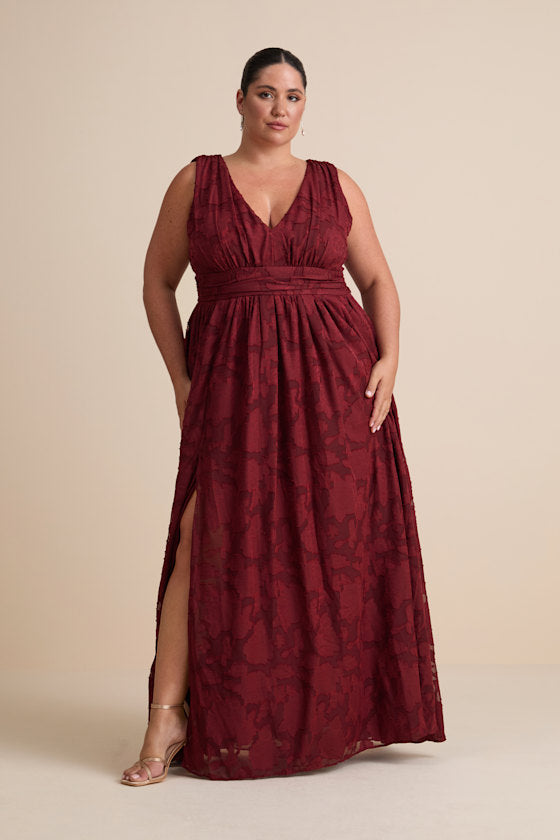 Sweet Sophistication Burgundy Burnout Floral Maxi Dress