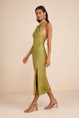 Beyond Classy Chartreuse Satin Halter Midi Dress