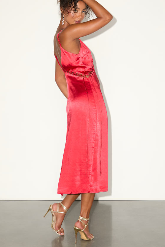 Tempting Silhouette Red Satin Lace-Up Midi Dress