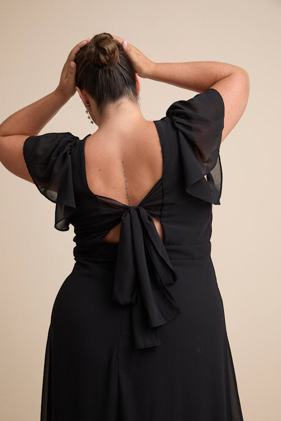 Simply Delightful Black Tie-Back Flutter Sleeve Maxi Dress