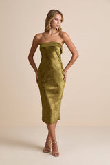Impressive Favorite Olive Jacquard Strapless Midi Dress