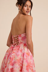 Eulalia Pink Floral Lace-Up Strapless Bustier Midi Dress