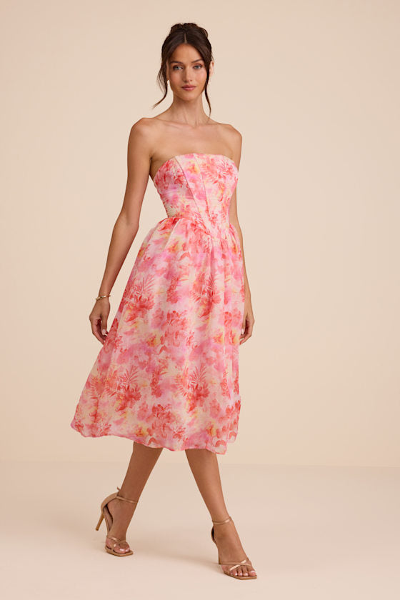 Eulalia Pink Floral Lace-Up Strapless Bustier Midi Dress