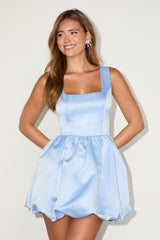 Regal Cutie Light Blue Satin Square Neck Bubble-Hem Mini Dress