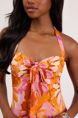 Sabine Orange Multi Floral Halter Mini Dress