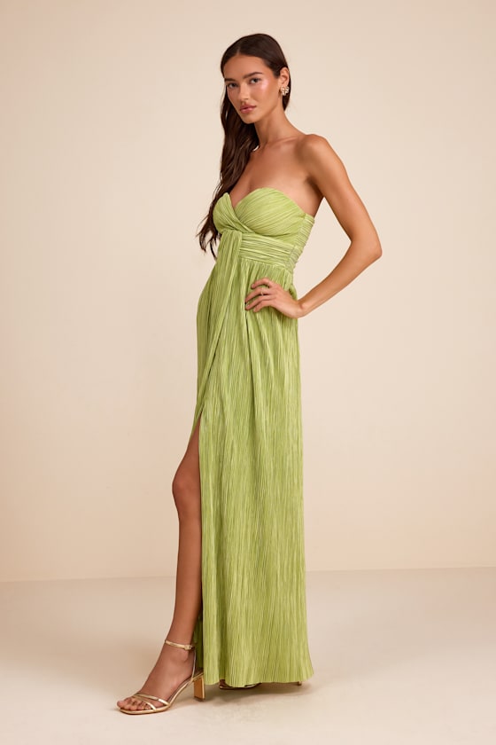 Oswin Lime Green Satin Plisse Strapless Maxi Dress