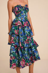 Nayha Blue Multi Floral Strapless Tiered Midi Dress