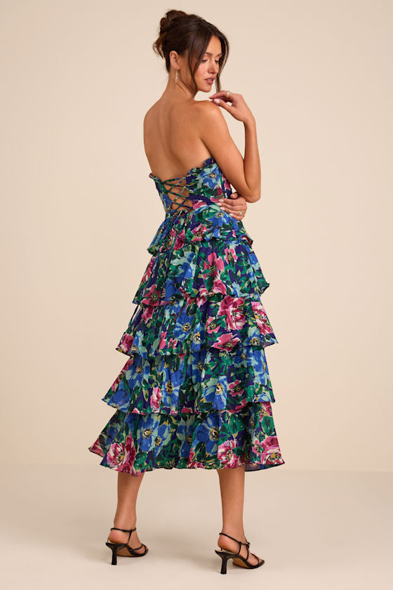 Nayha Blue Multi Floral Strapless Tiered Midi Dress