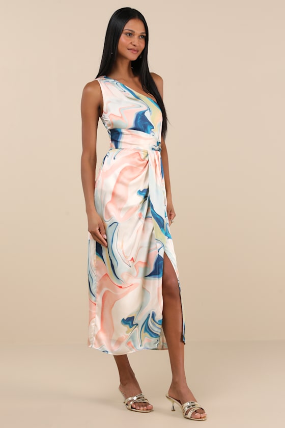 Rhema White Multi Abstract Print Satin Midi Dress