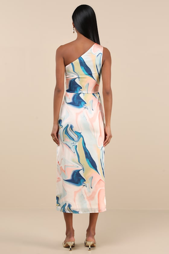 Rhema White Multi Abstract Print Satin Midi Dress