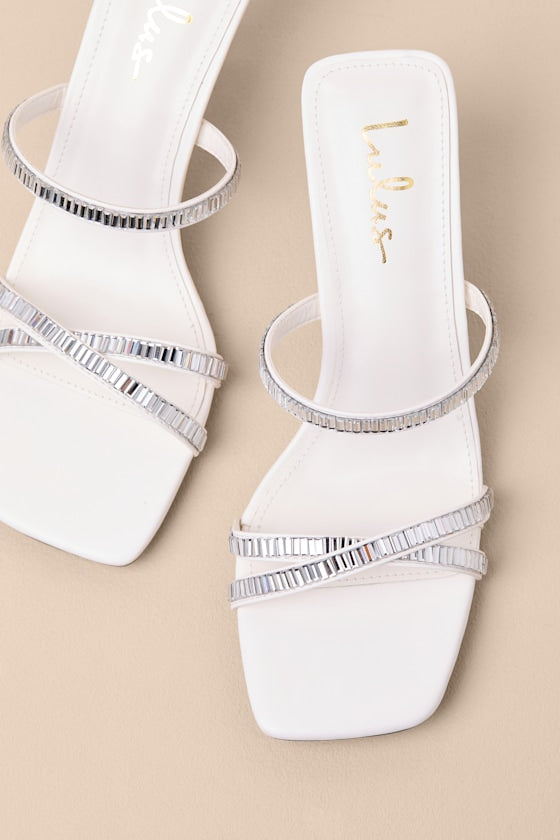 Tommaso White Rhinestone Slide High Heel Sandals