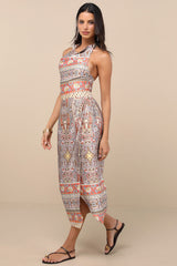 Radina Orange Paisley Print Satin Halter Midi Wrap Dress