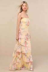 Niyati Yellow Floral Strapless Tiered Maxi Dress