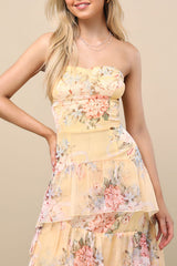 Niyati Yellow Floral Strapless Tiered Maxi Dress