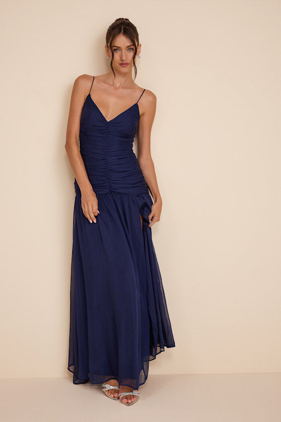 Ronna Navy Ruched Drop Waist Maxi Dress