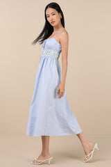 Shereen Blue Striped and Floral Sleeveless Poplin Midi Dress