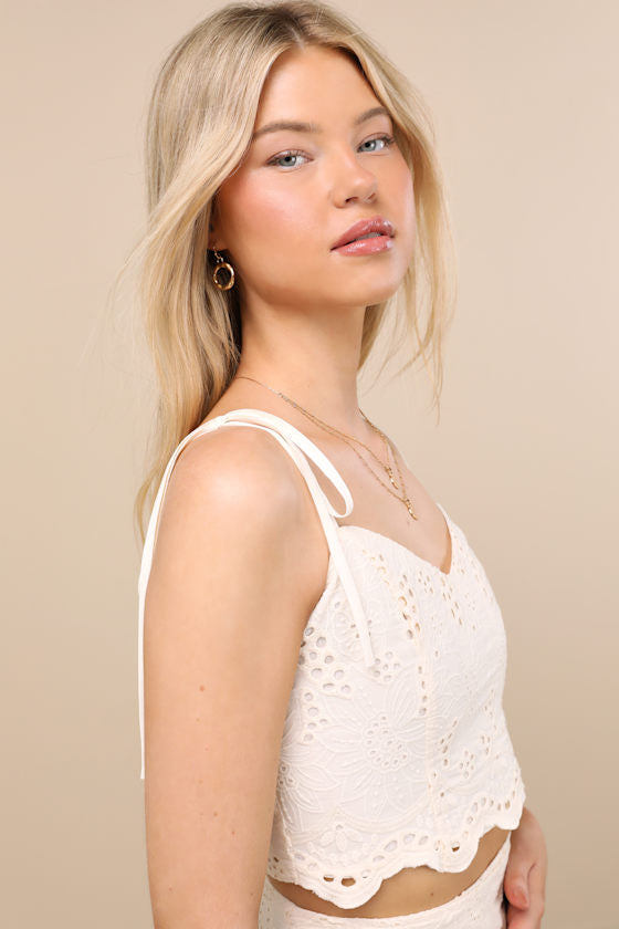 Kamilla Cream Eyelet Embroidered Tie-Strap Tank Top