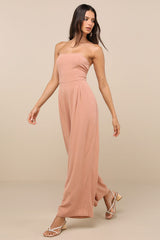 Breezy Essential Light Brown Linen Wide-Leg Jumpsuit