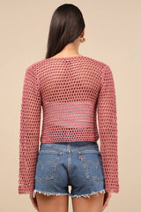 Saray Dusty Rose Loose Crochet Knit Lace-Up Sweater Crop Top