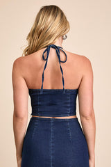 Helaine Dark Wash Denim Halter Crop Top