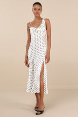 Matea White Polka Dot Satin Cowl Tie-Back Midi Dress
