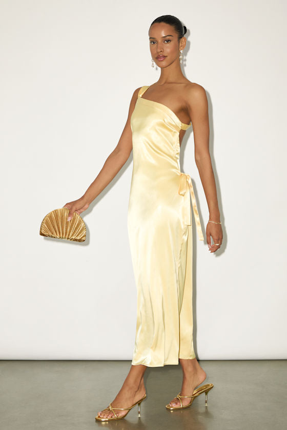 Yvonne Light Yellow Satin One-Shoulder Midi Dress