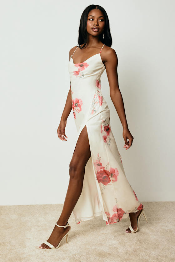 Dansy Light Beige Floral Cowl Neck Tie-Back Maxi Dress