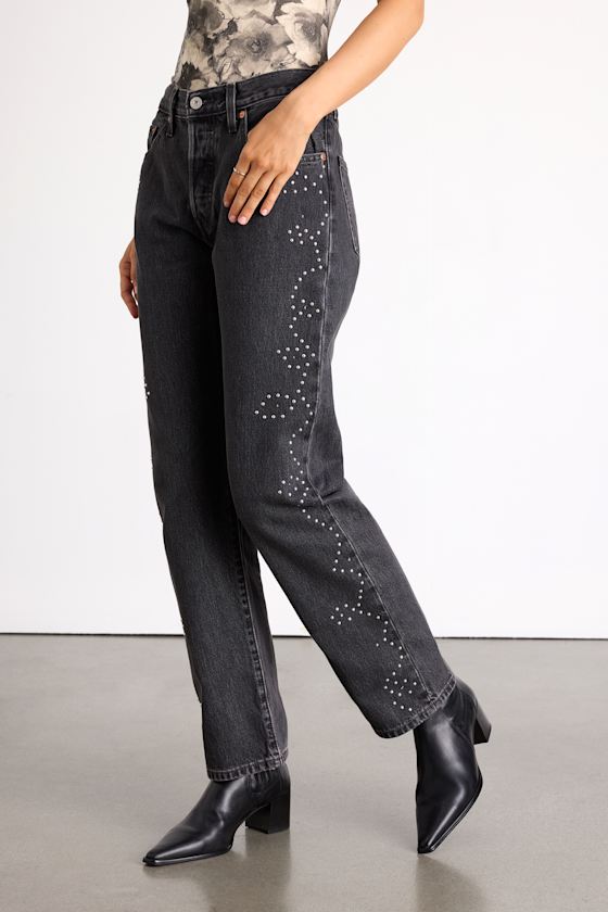 501 '90s Washed Black Rhinestone Mid-Rise Straight Leg Jeans