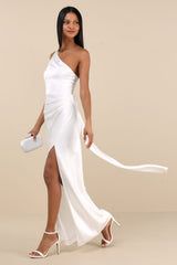 Signature Elegance White Satin One-Shoulder Maxi Dress