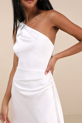Signature Elegance White Satin One-Shoulder Maxi Dress