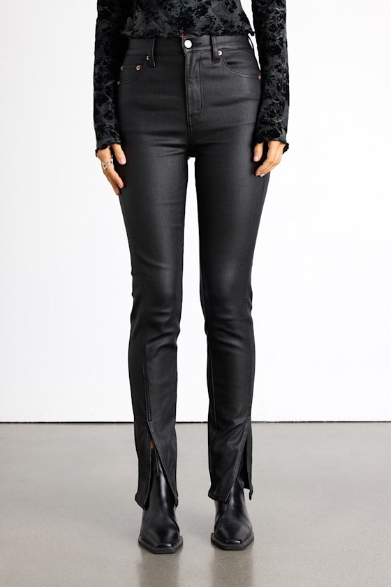 Downtown Black Coated High-Rise Split Hem Straight Leg Jeans