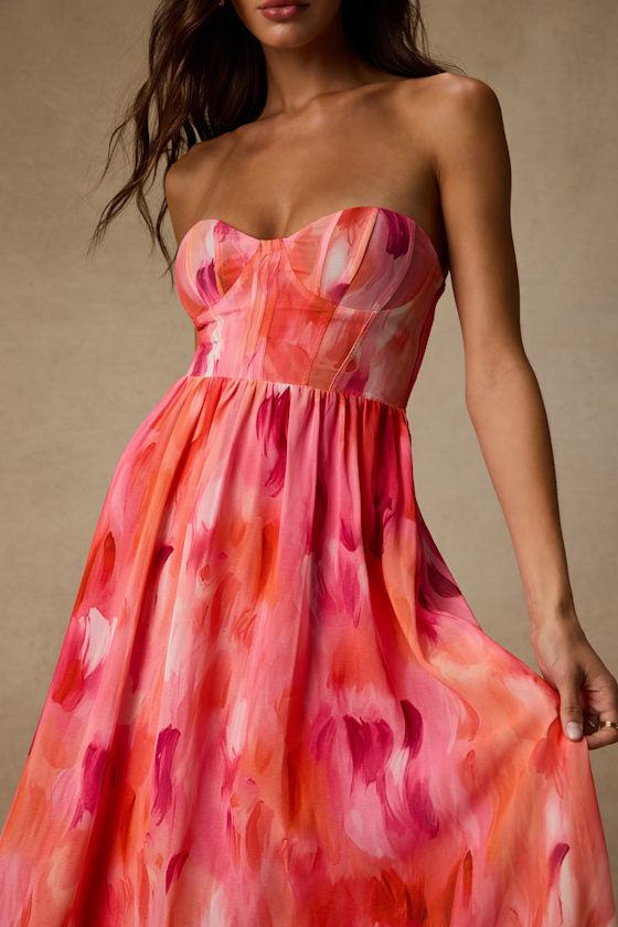 Aysel Coral Pink Abstract Strapless Bustier Midi Dress