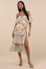 Lucella Cream Multi Floral Tiered Off-the-Shoulder Midi Dress