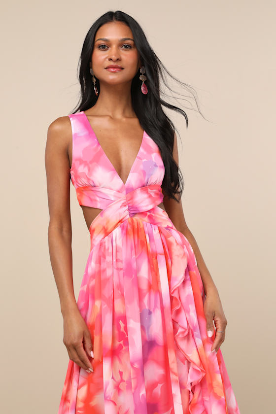 Elisanna Pink Multi Floral Lace-Up Midi Dress