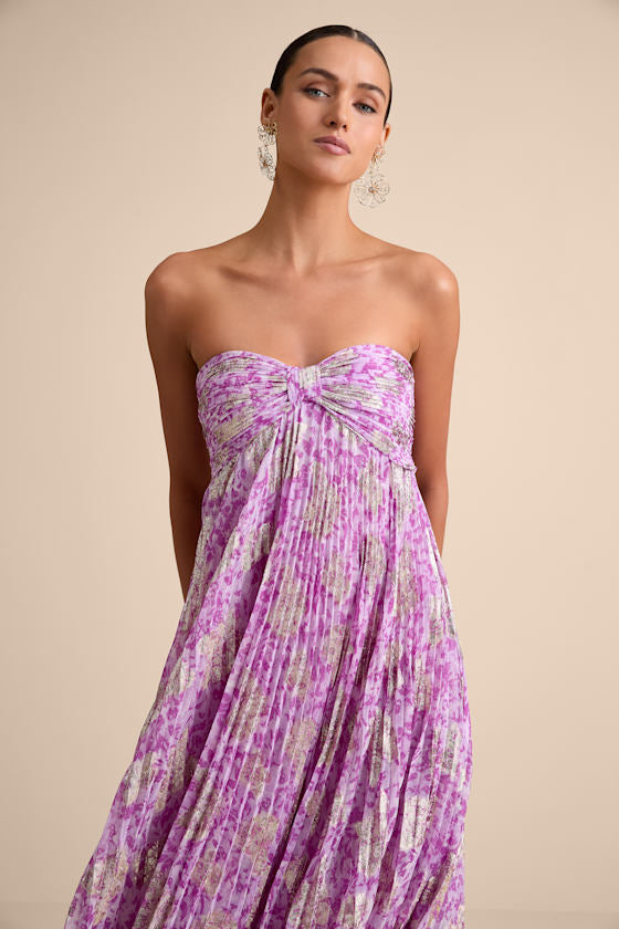 Lynwen Light Purple Abstract Pleated Strapless Maxi Dress