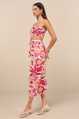 Zisel Ivory and Pink Floral Cutout Strapless Midi Dress