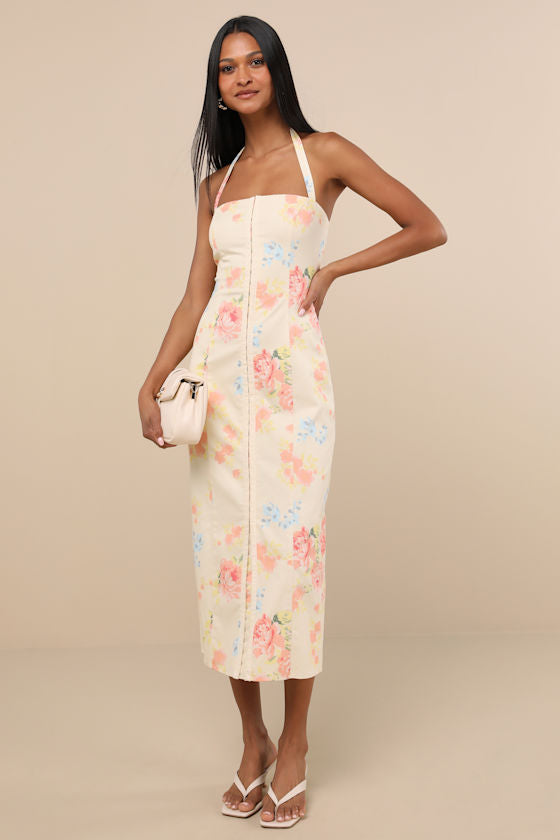 Arrosa Light Yellow Floral Halter Midi Dress