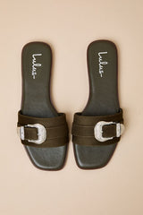 Nyomi Olive Suede Buckle Slide Sandals