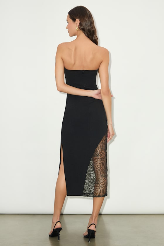Rhosyn Black Crepe Embroidered Strapless Midi Dress