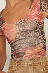 Adamina Brown Leopard and Floral Print Mesh Short Sleeve Top