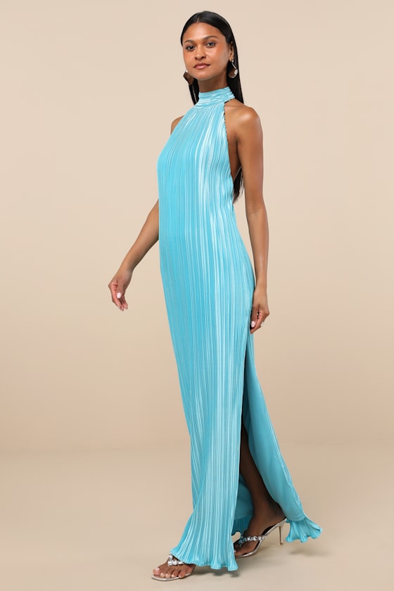 Gwenny Aqua Blue Satin Plisse Maxi Dress
