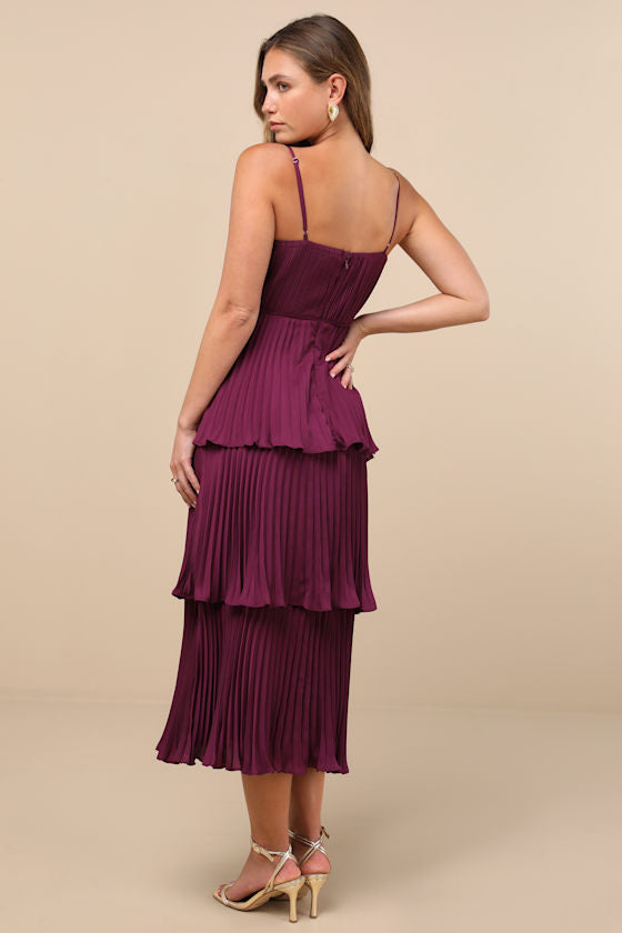 Cascading Crush Plum Purple Tiered Bustier Midi Dress