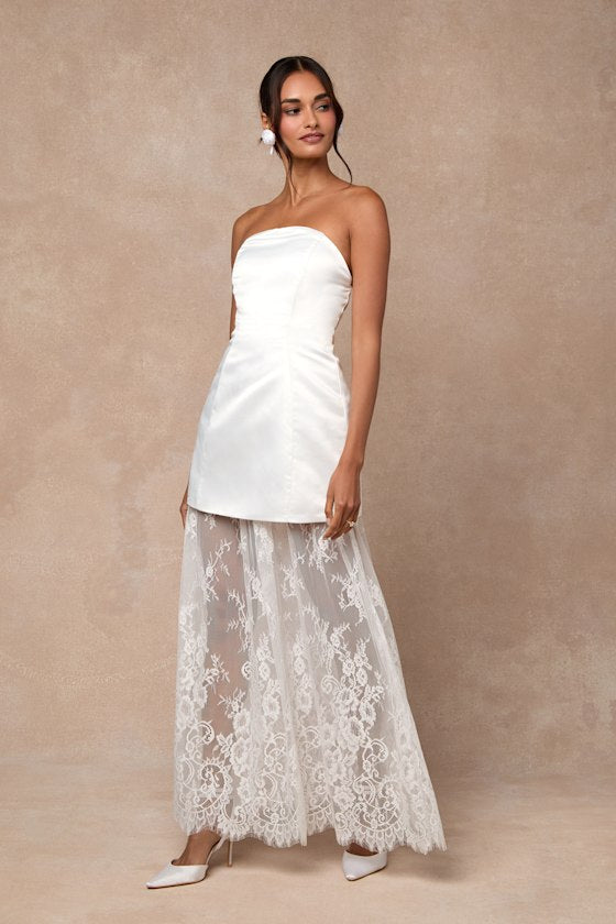 Winslet White Satin Sheer Hem Strapless Maxi Dress
