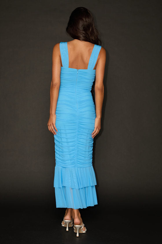 Aelara Turquoise Mesh Ruched Trumpet Midi Dress